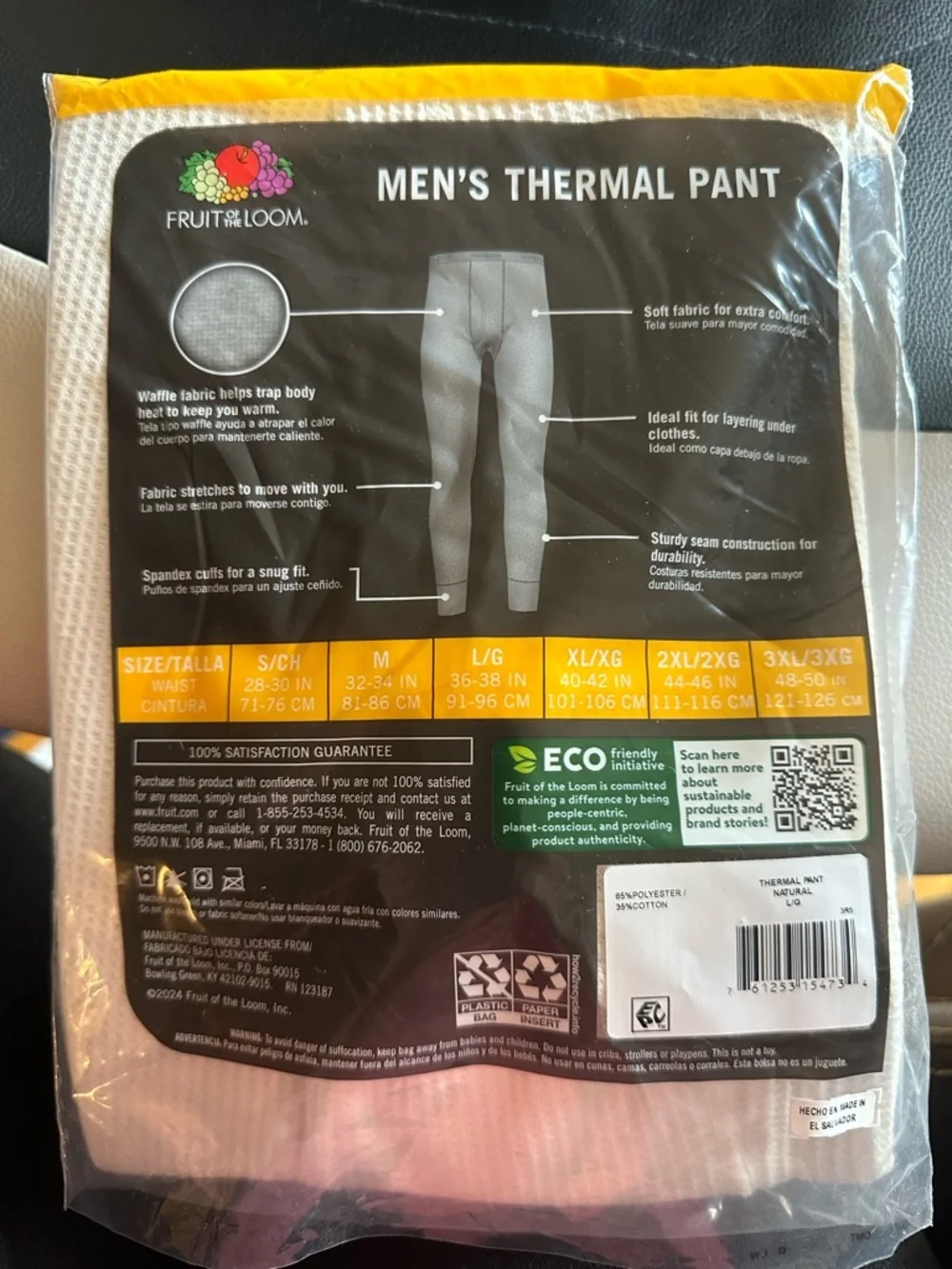 FRUIT of the LOOM Men’s Size L Thermal Waffle Pants Bottoms
